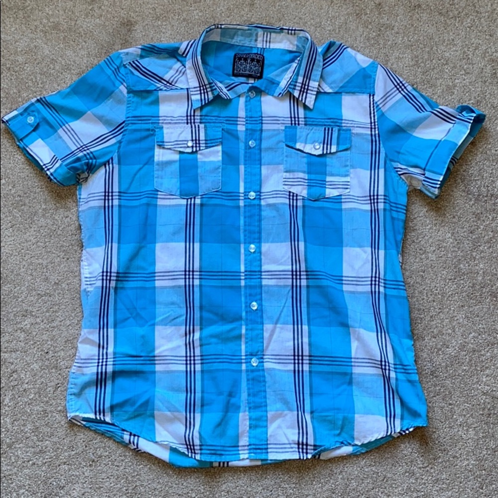 Men’s Large Teal Plaid Button Up Collared Shirt